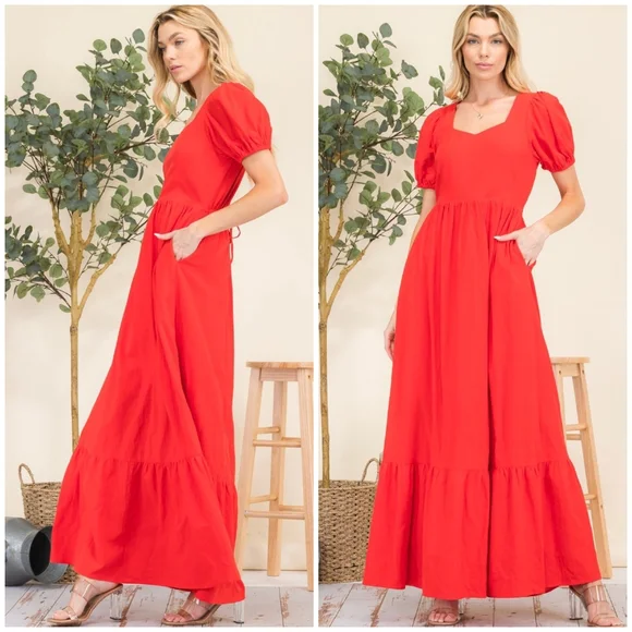 HYFVE Boho Chic Rich Red Puff Sleeves Tiered Maxi Dress - Picture 4 of 8